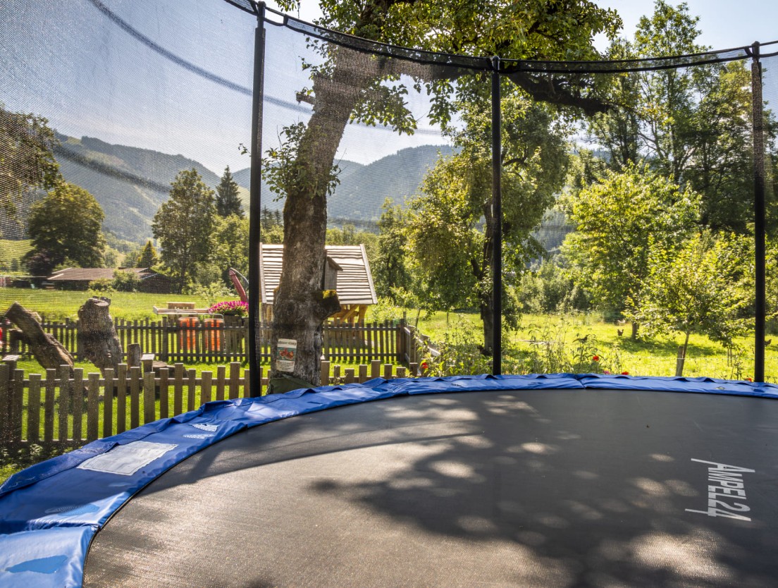 Trampolin im Gartenbereich des Bauernhofes f&uuml;r Gro&szlig; und Klein